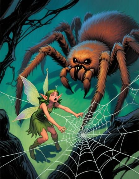 Frightened Pixie Trapped in Cobweb with Tarantula