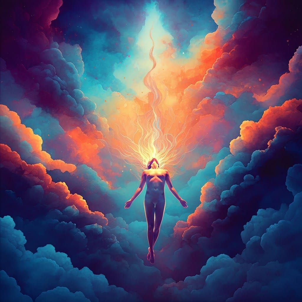 Ethereal Figure Suspended in Dreamlike Clouds