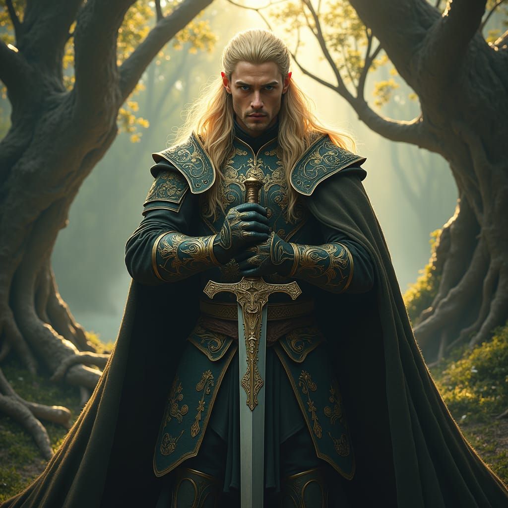 Regal Elven King in Mystical Forest, Dark Fantasy Art