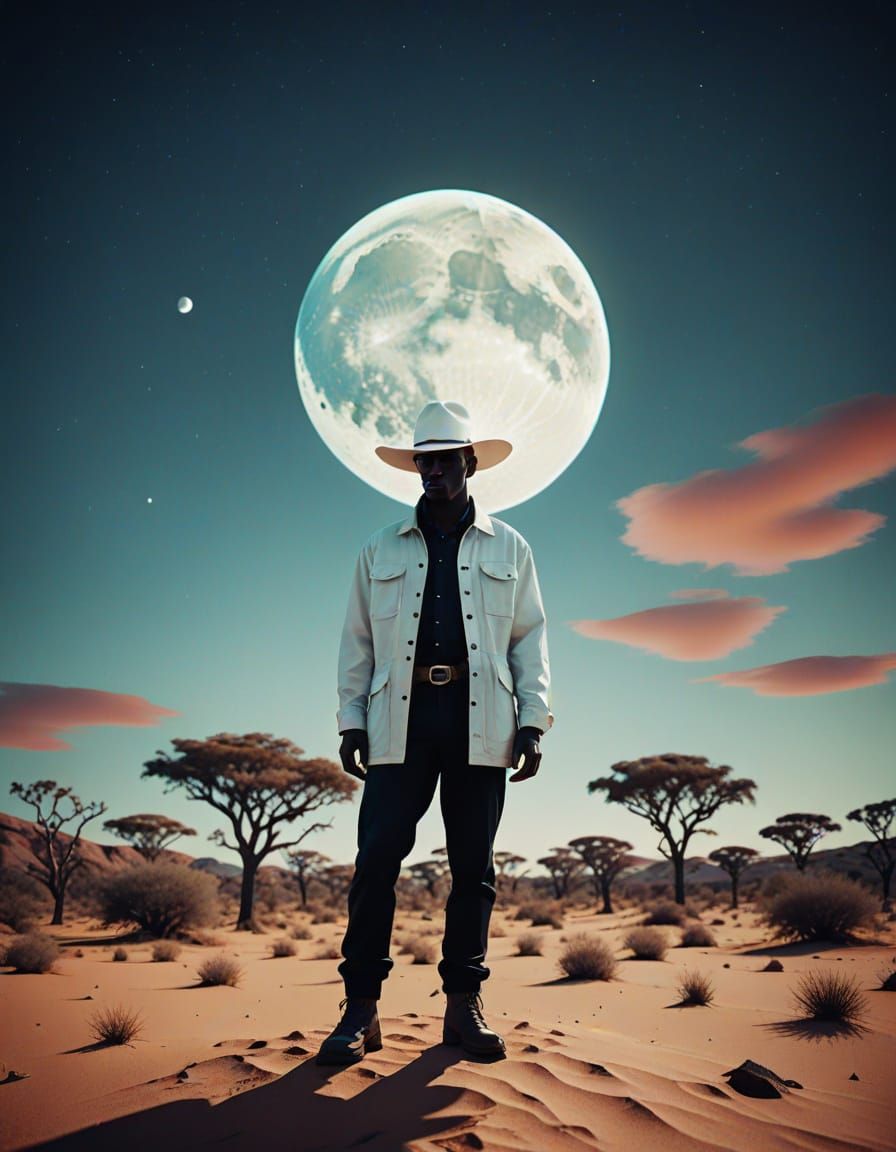 Silhouetted Cowboy on Moon in Surreal Glitch Art