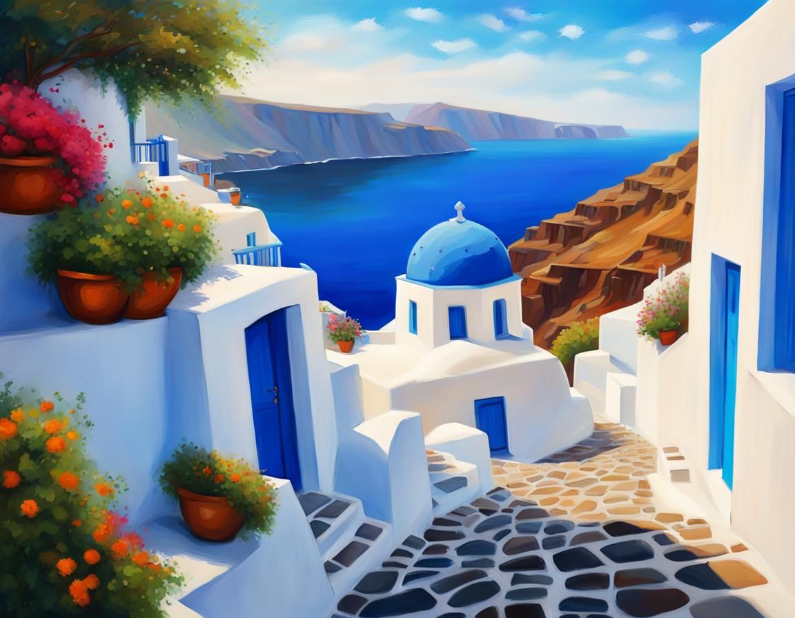 Santorini Greece Oil Painting in Hyperrealistic Style