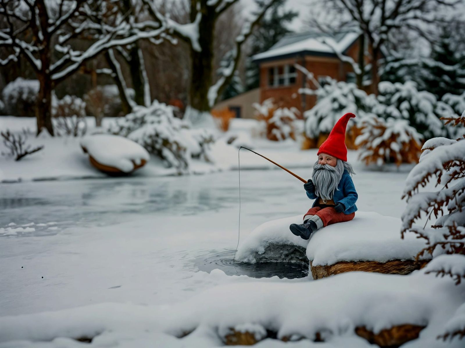 Winter Garden Scene with Gnome Fishing