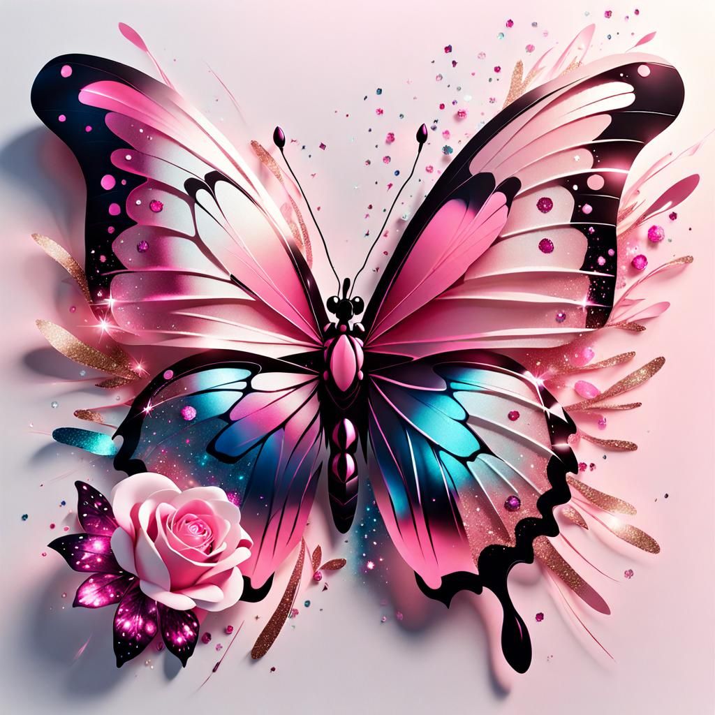 Luminescent Butterfly on Pink Rose in Tachisme Style