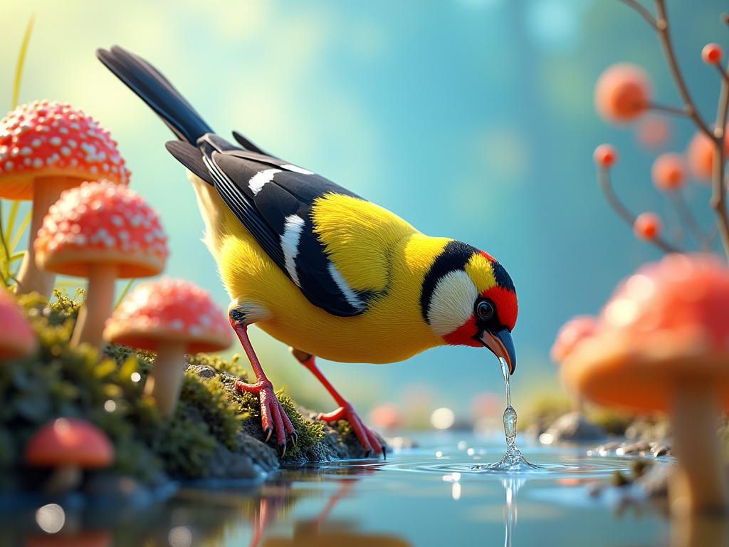 Goldfinch Drinks Under Blue Sky, Hyperrealistic Concept Art