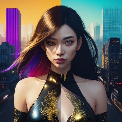 Vibrant Cityscape Woman in Double Exposure Art