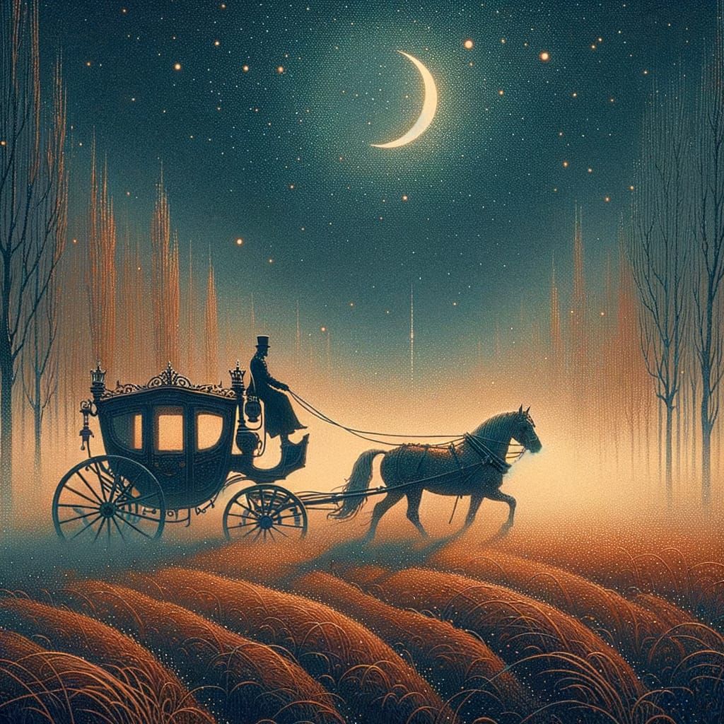 Misty Autumn Carriage Scene in Naive Style