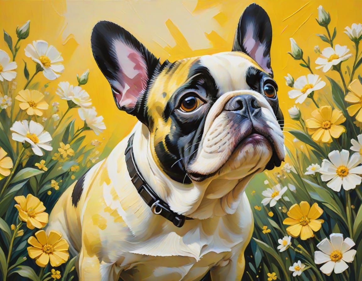 French Bulldog Surrounded by Vibrant Flowers in a Warm Oil P...