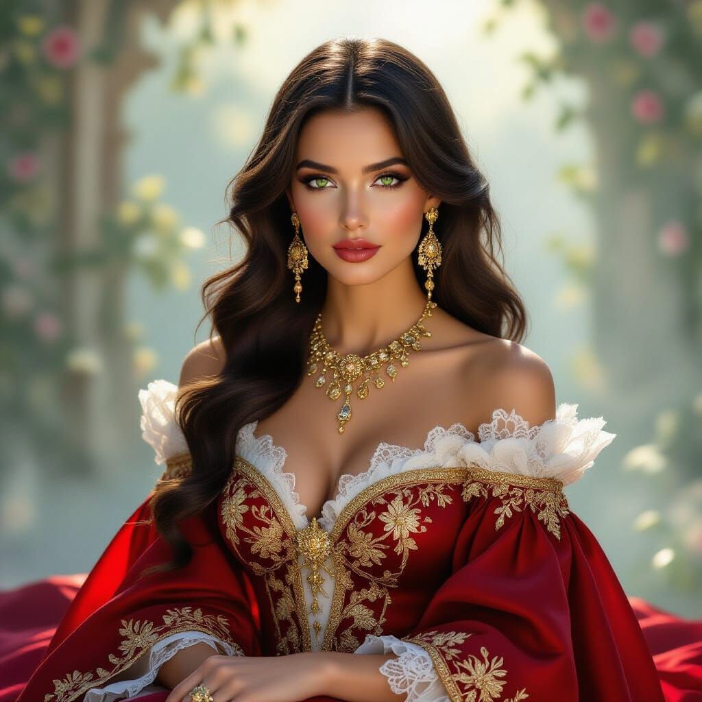 Elegant Brunette in Red and Gold Avant-Garde Gown