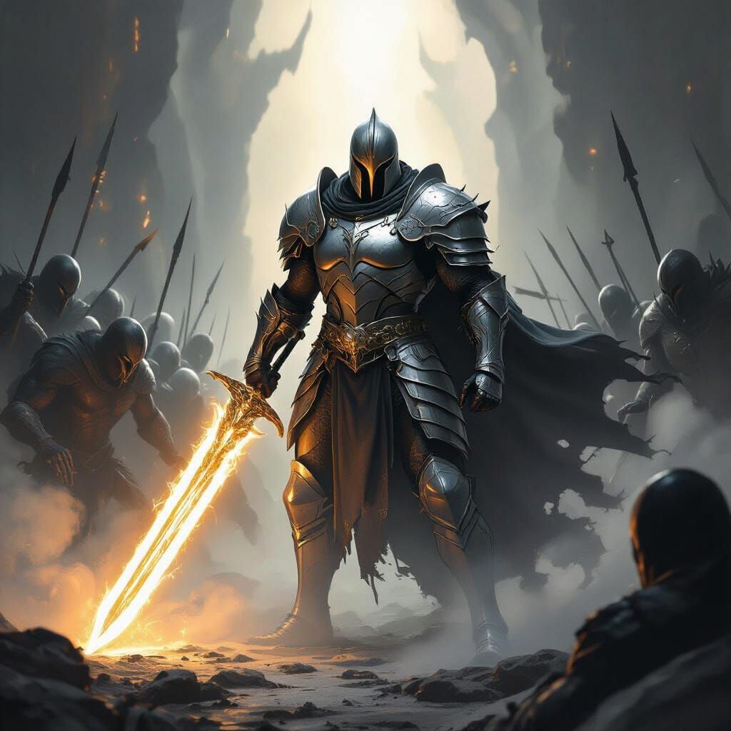 Warrior Fights Shadow Horde with Glowing Sword