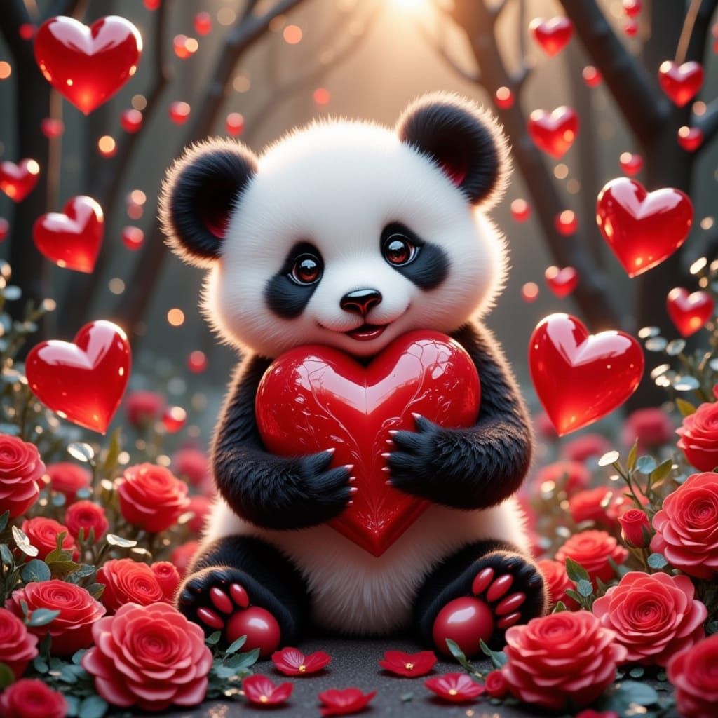 Cute Baby Panda Holding Heart in Romantic Valentine's Day Ar...