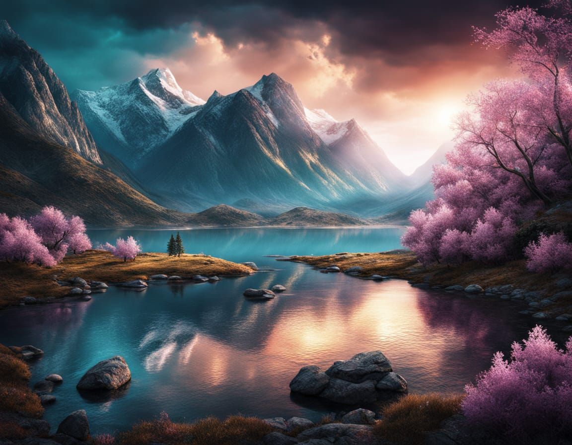 Turquoise Lake Amidst Lilac Rocky Mountains at Sunset