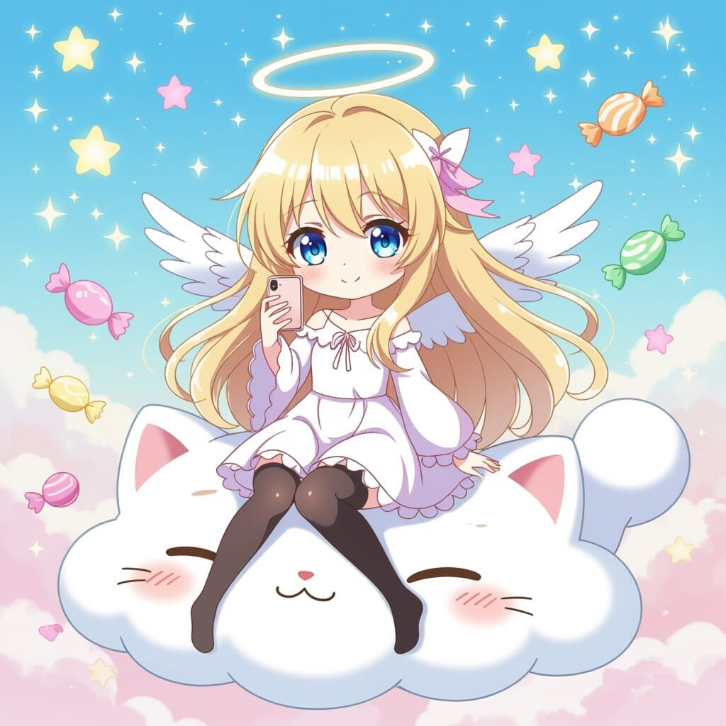 Chibi Angel on Cloud Cat in Anime Style