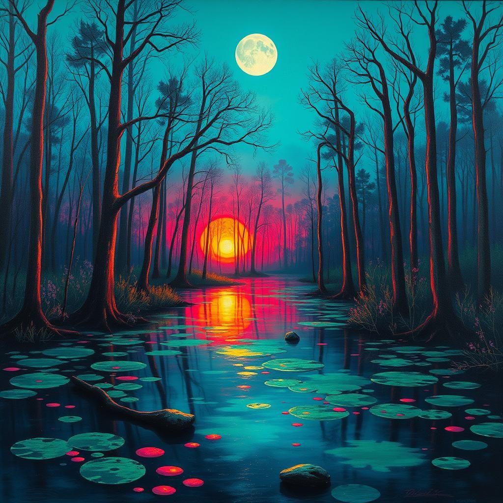 Vibrant Sunset River in Moonlit Forest, Fine Art Painting