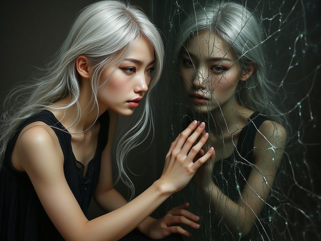 Contemplative Young Woman Gazes into Cracked Luxury Mirror