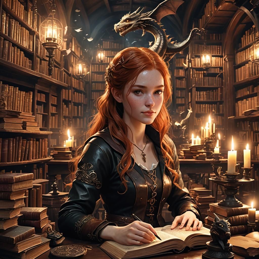 Mystical Library Scene with Dragon, in Digital Painting Styl...