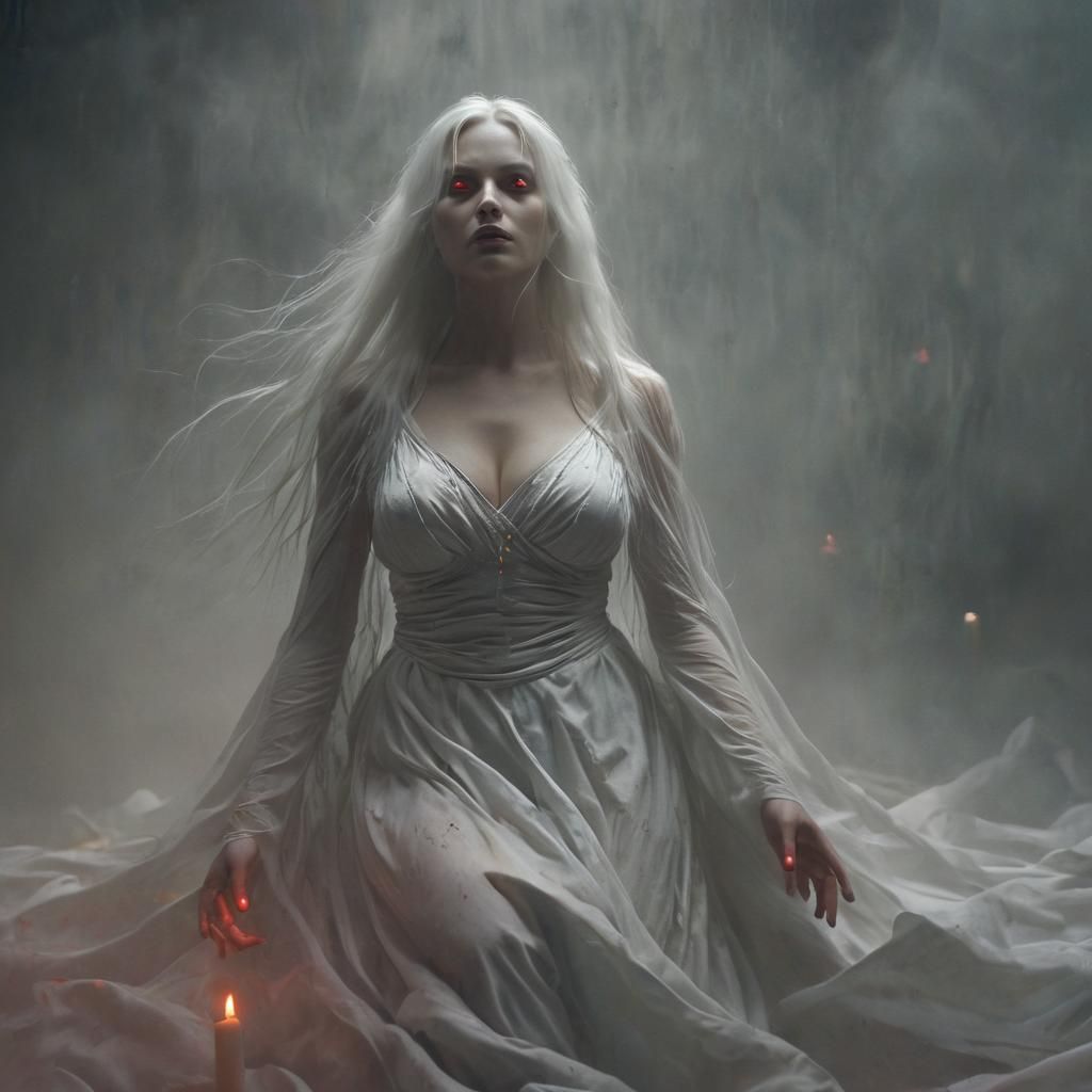 Eerie Ghostly Woman with Red Eyes in Dystopian Surrealism