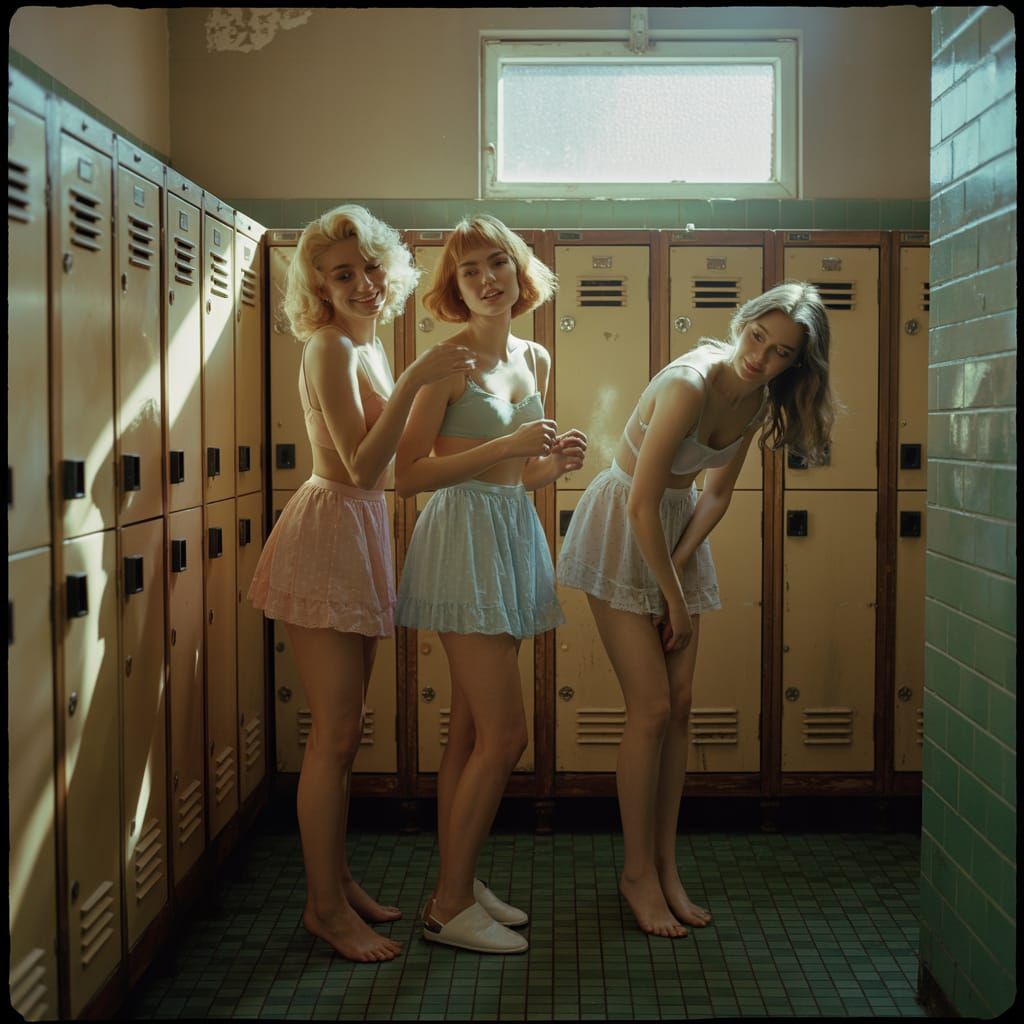 1950s College Girls in Locker Room - Faded Polaroid Photo