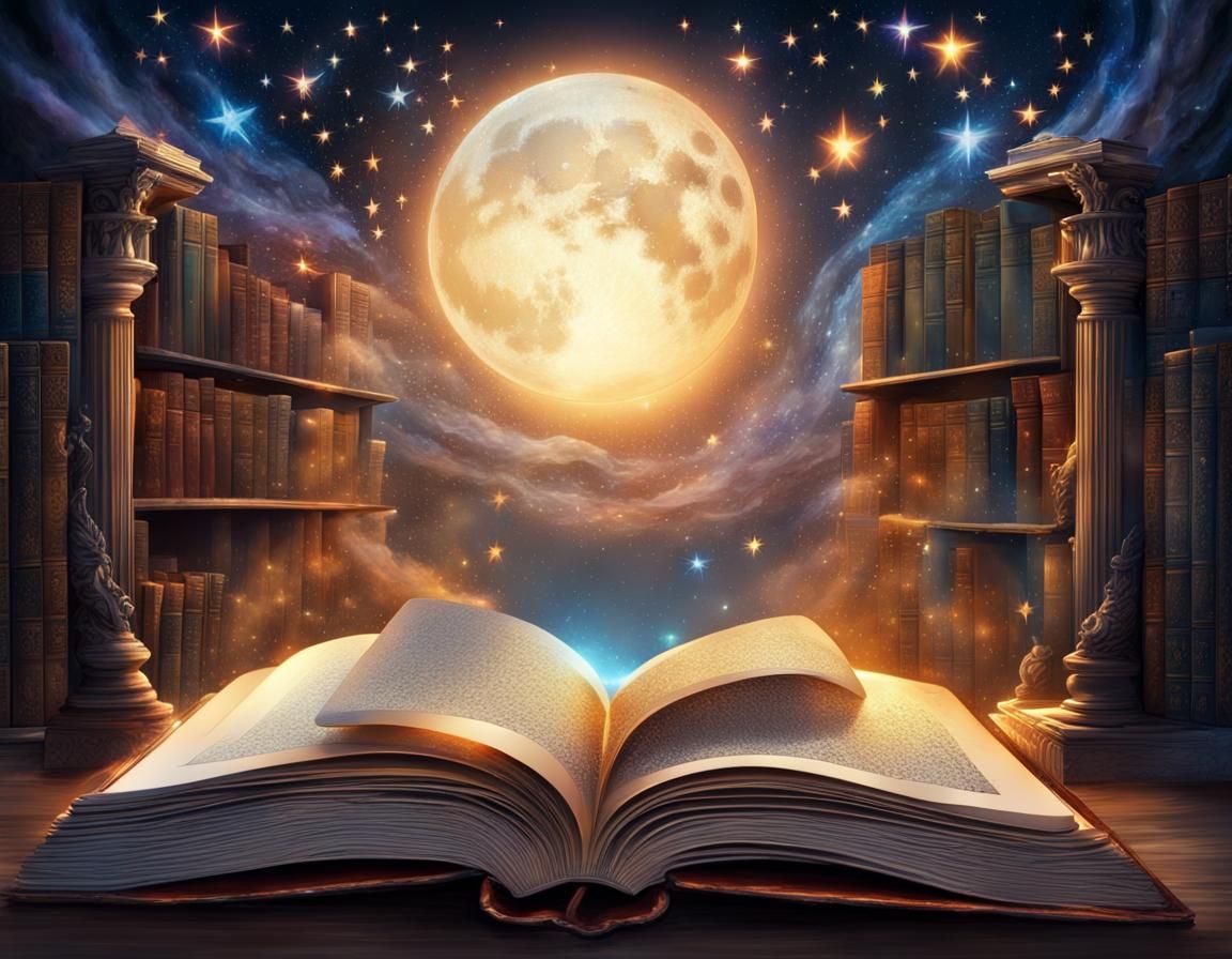 Open Book Under Jeweled Stars, Fantasy Illustration