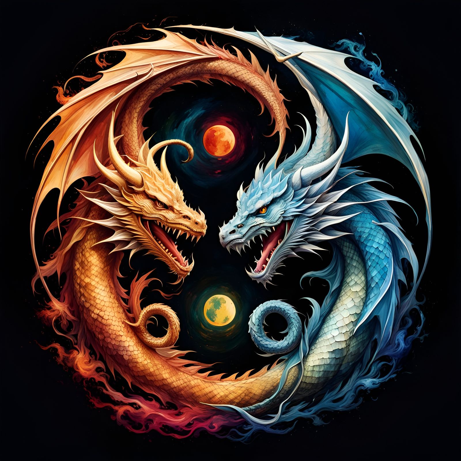 Yin and Yang Dragon Logo in Watercolor Style