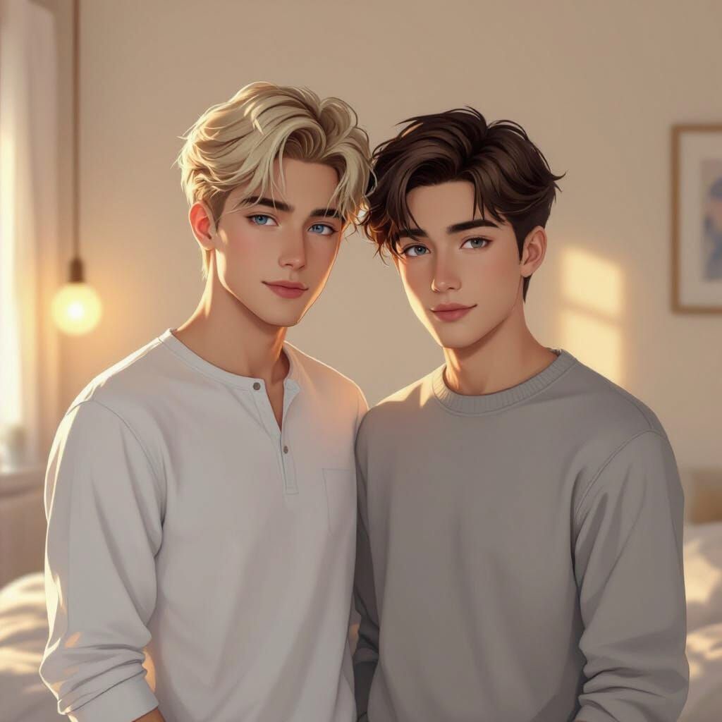 Intimate Moment in Minimalist Bedroom, Digital Illustration