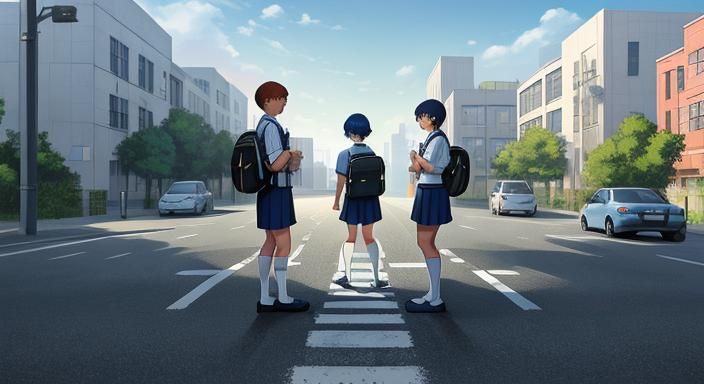 Hyperrealistic School Scene with Children Crossing Street