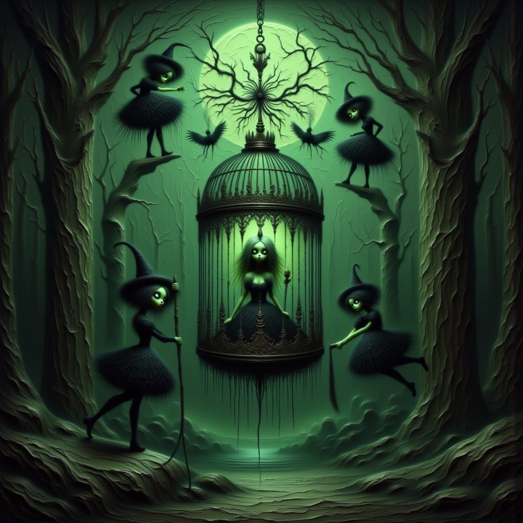 Witch Trapped in Ornate Birdcage, Gothic Chamber
