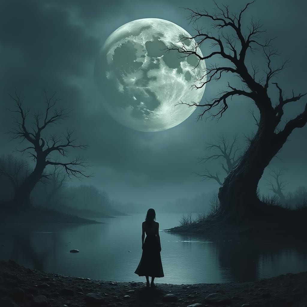 Ethereal Woman by Obsidian Lake Under Stormy Sky