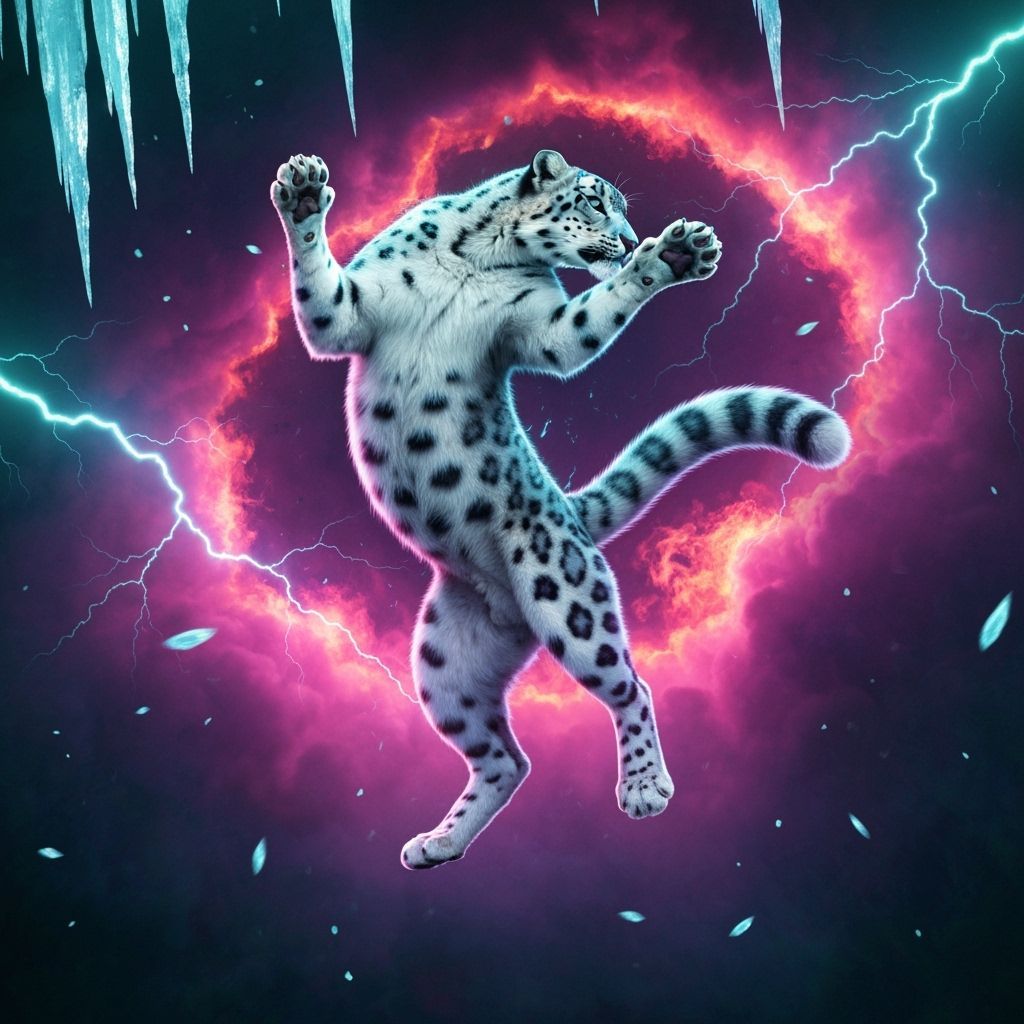 Leaping Snow Leopard in Electric Storm: Hyperreal Art