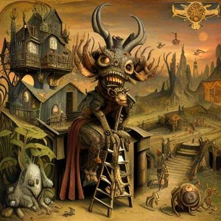 Steampunk Chibi Monster's Ladder Mishap in Art Nouveau Style