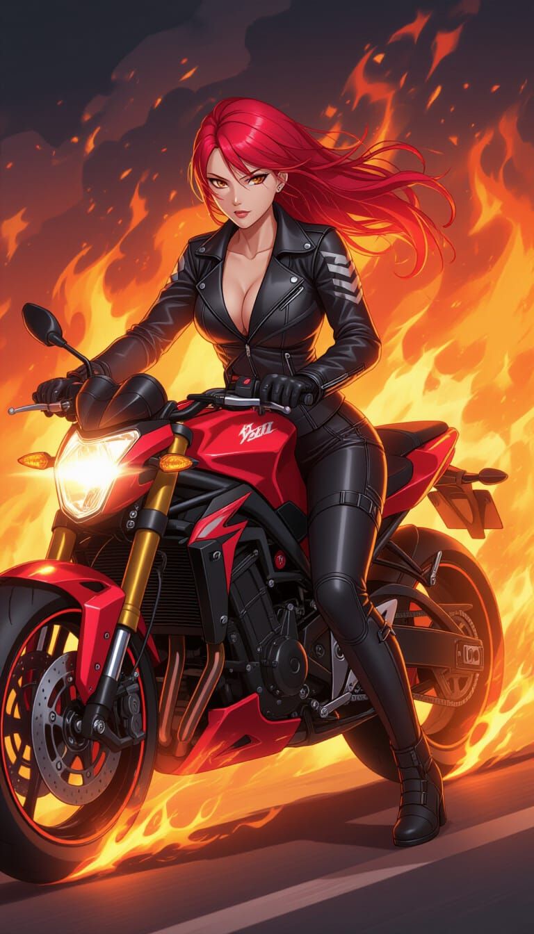 Anime Fire Divinity on Fiery Motorbike