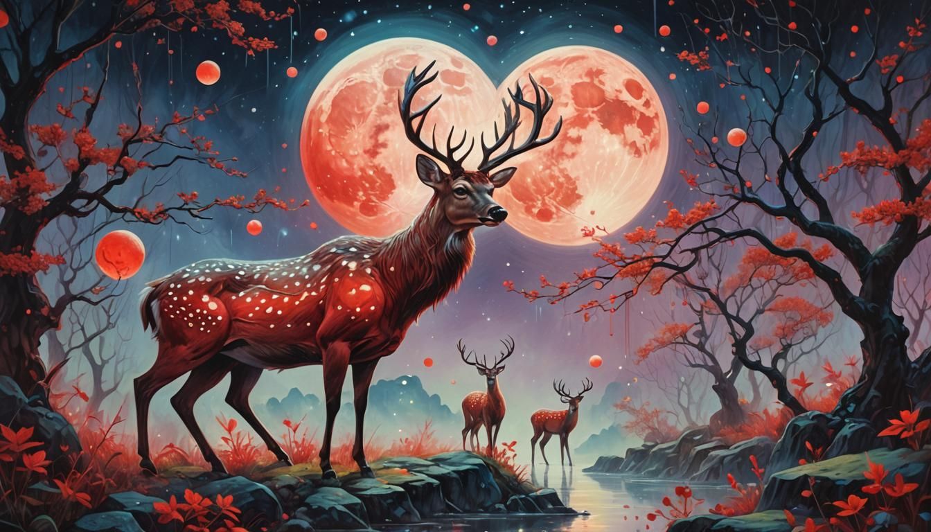 Deer Gazing at Twin Red Moons: Surreal Oil Painting