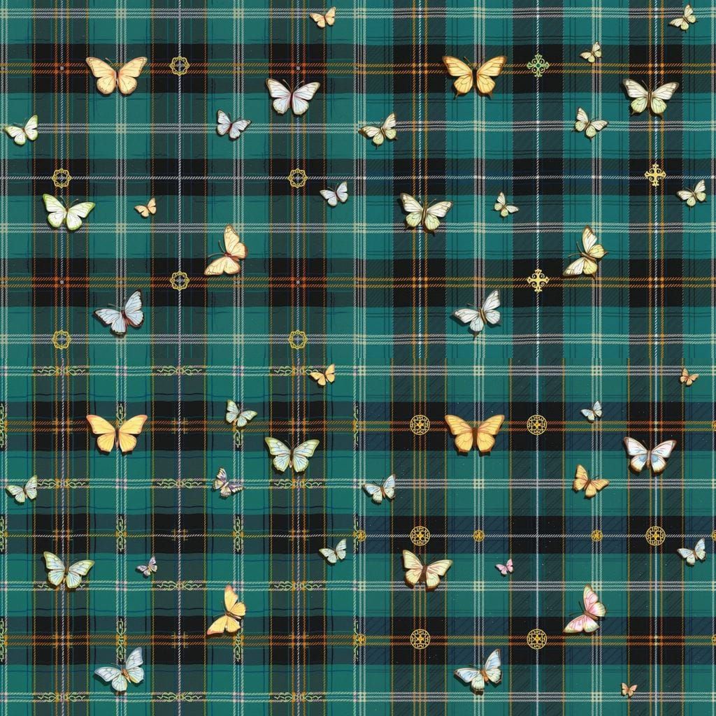 Tartan Floral Pattern with Celtic Crosses and Butterflies