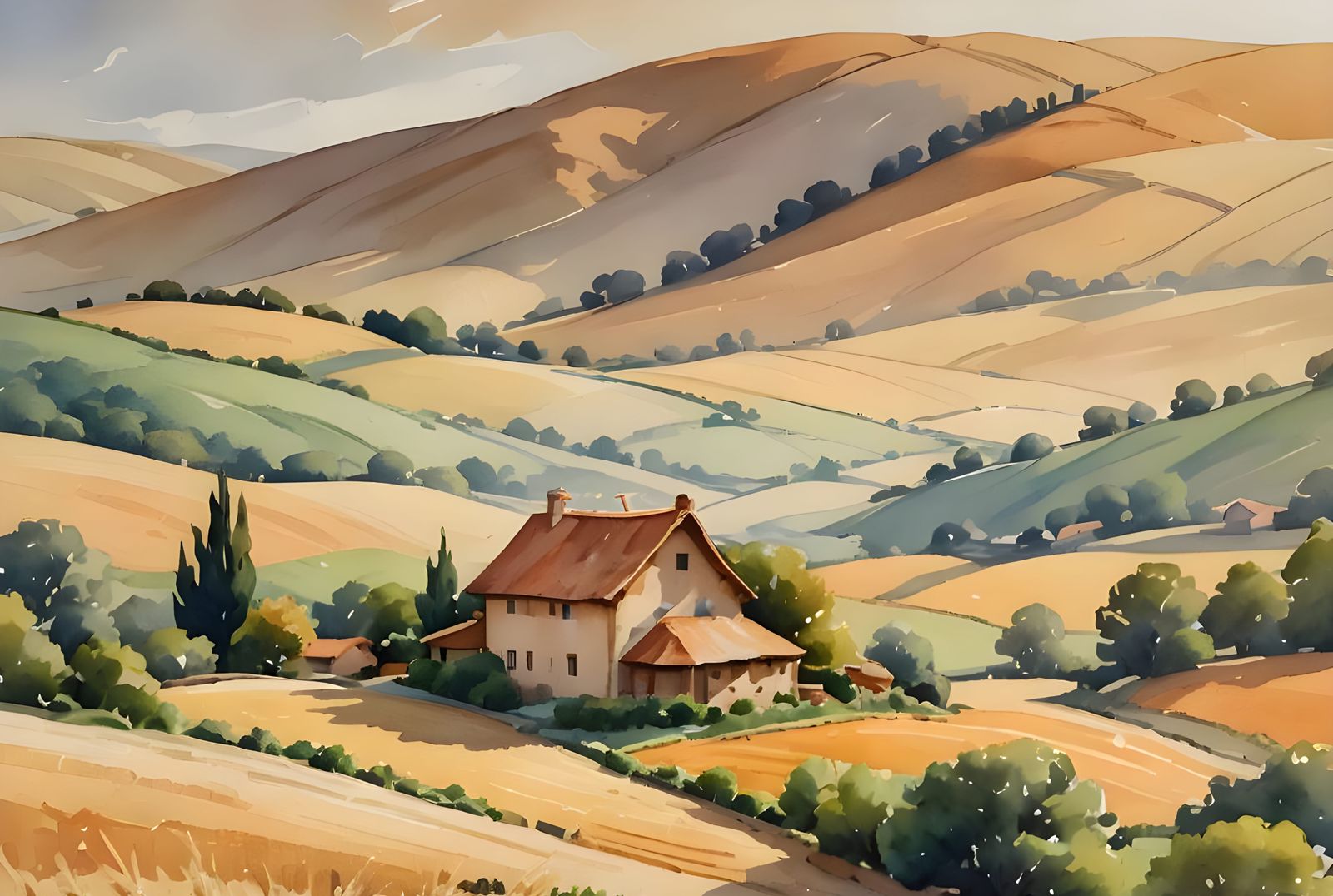 Watercolor Cottage in Golden Wheat Field