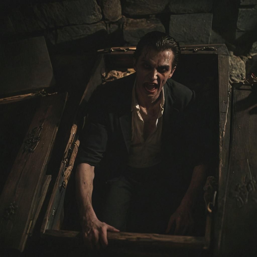Vampire Emerges from Coffin in Dungeon