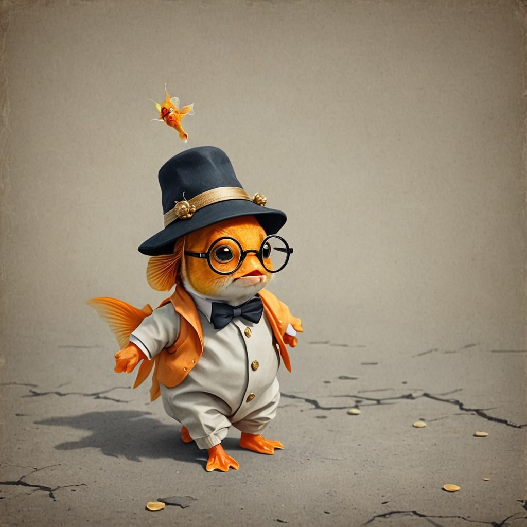 Goldfish in Costume: A Surreal Aquatic Stroll