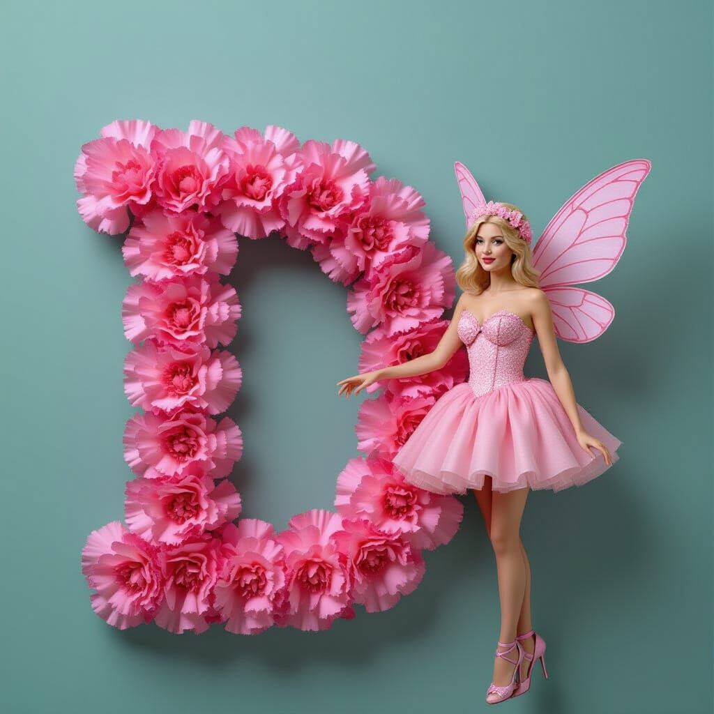 Pink Fairy Beside Carnation Letter D
