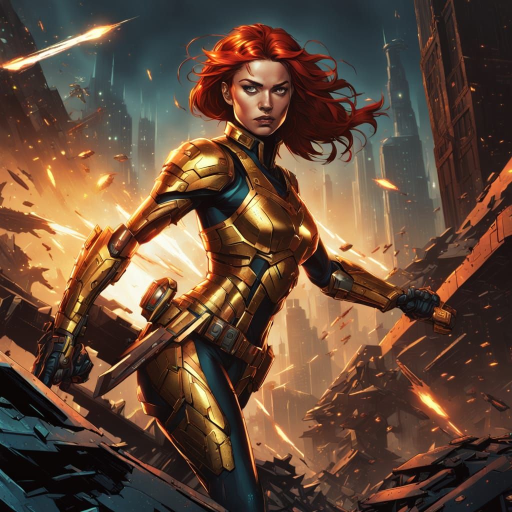 Futuristic Superheroine Battles Aliens in Destroyed City