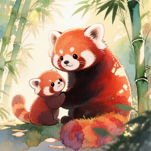 Kawaii Red Panda Family in Lush Bamboo
