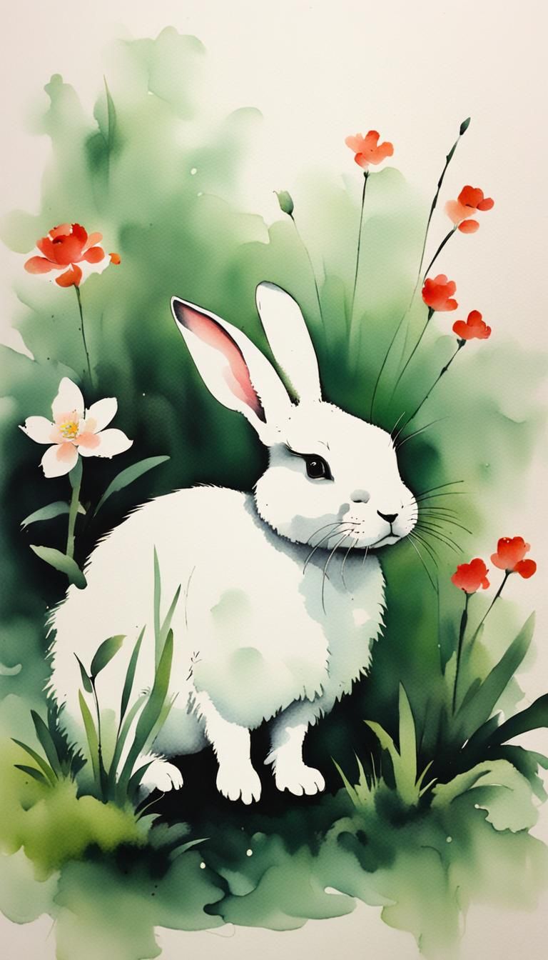 Minimalist Chinese Ink Painting of a White Rabbit