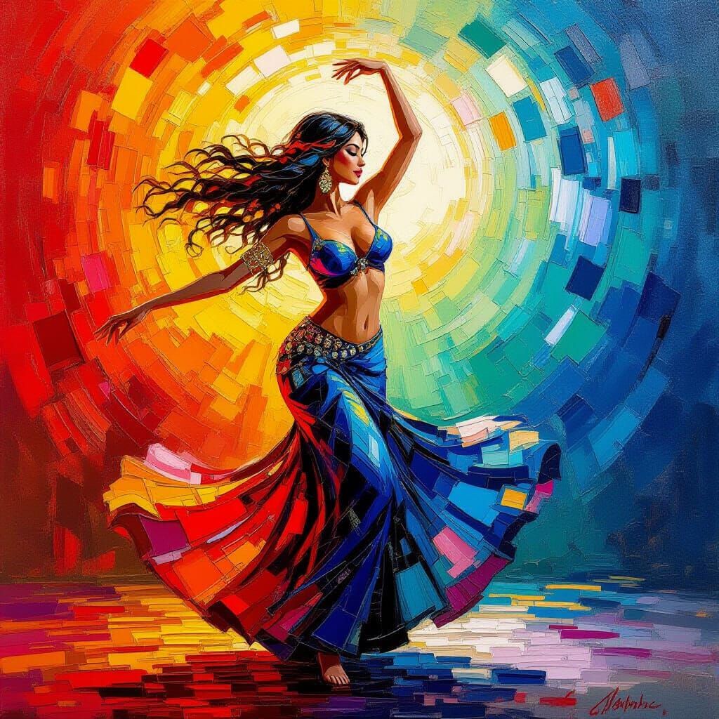 Dynamic Bellydance in Vibrant Neo-Impressionist Style