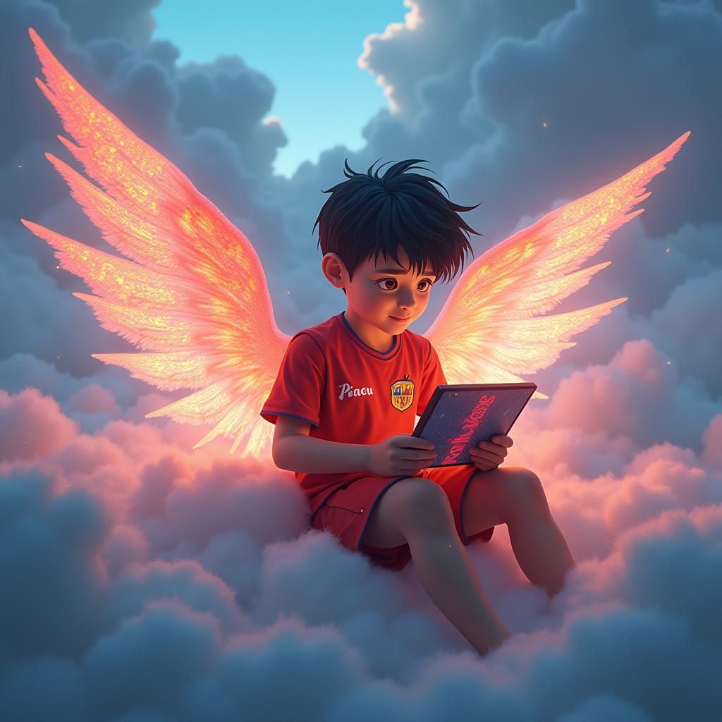 Boy with Angel Wings Playing Roblox in Surreal Cloudscape