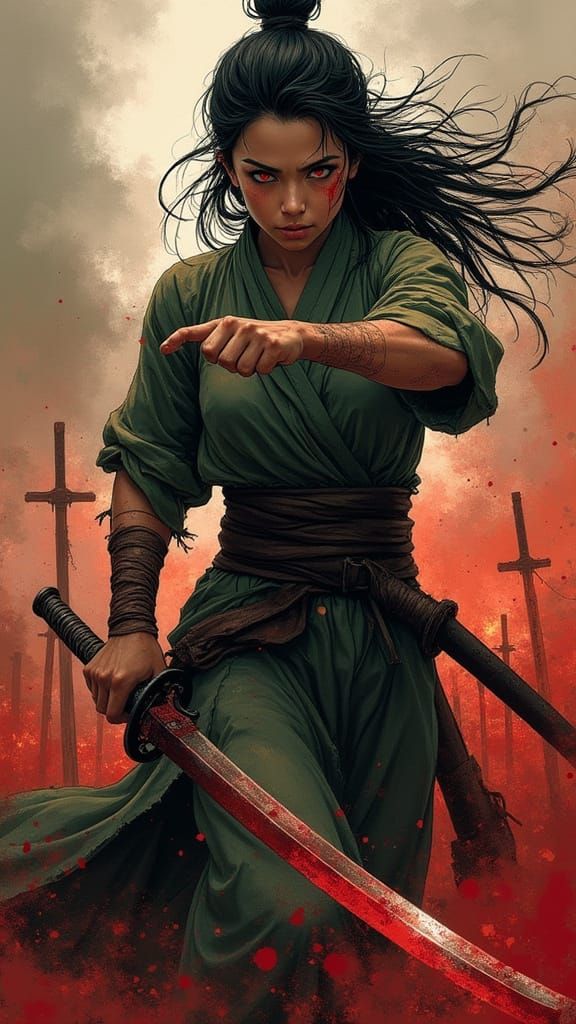 Battle-Worn Warrior in Crimson Landscape