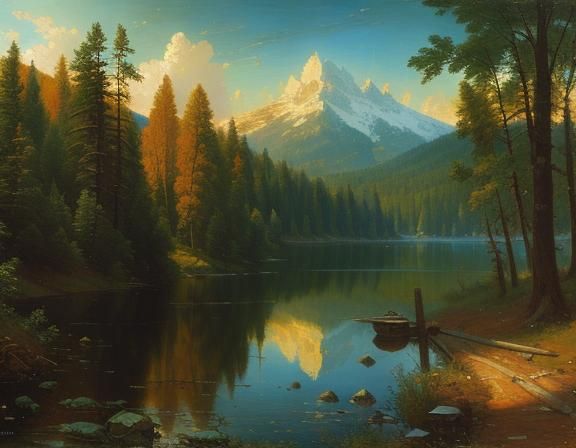 Picturesque Lake Landscape in Oil Painting Style