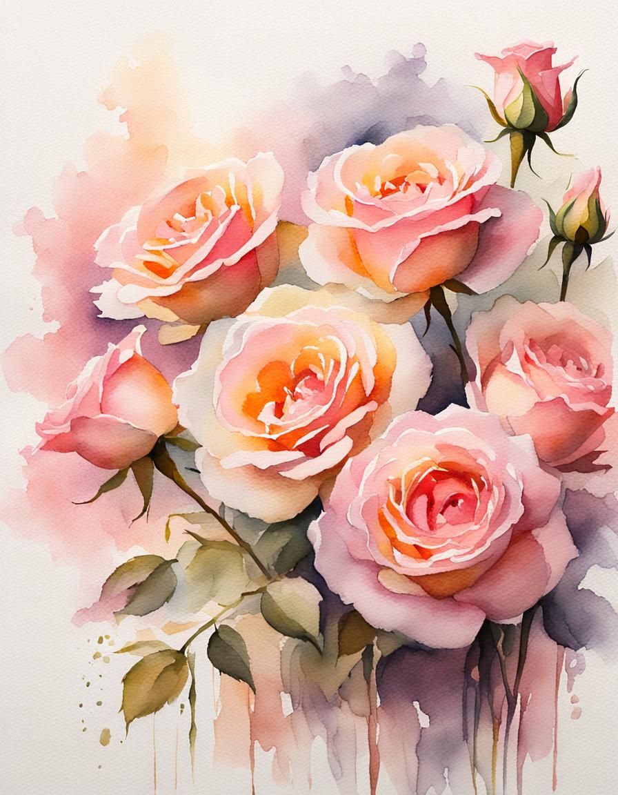 Pink Roses Watercolour Impressionist Bouquet
