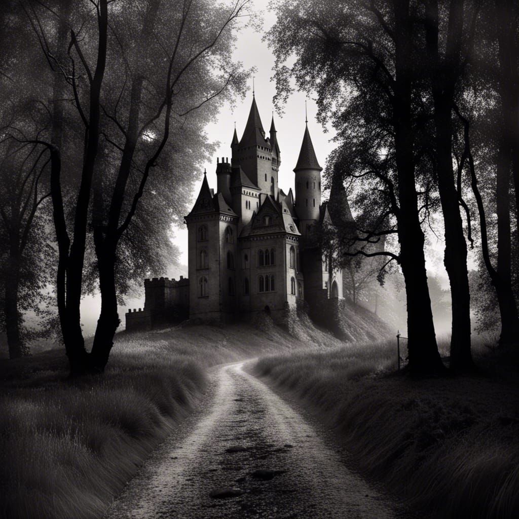 Gothic Landscape with Terrifying Castle in Black and White