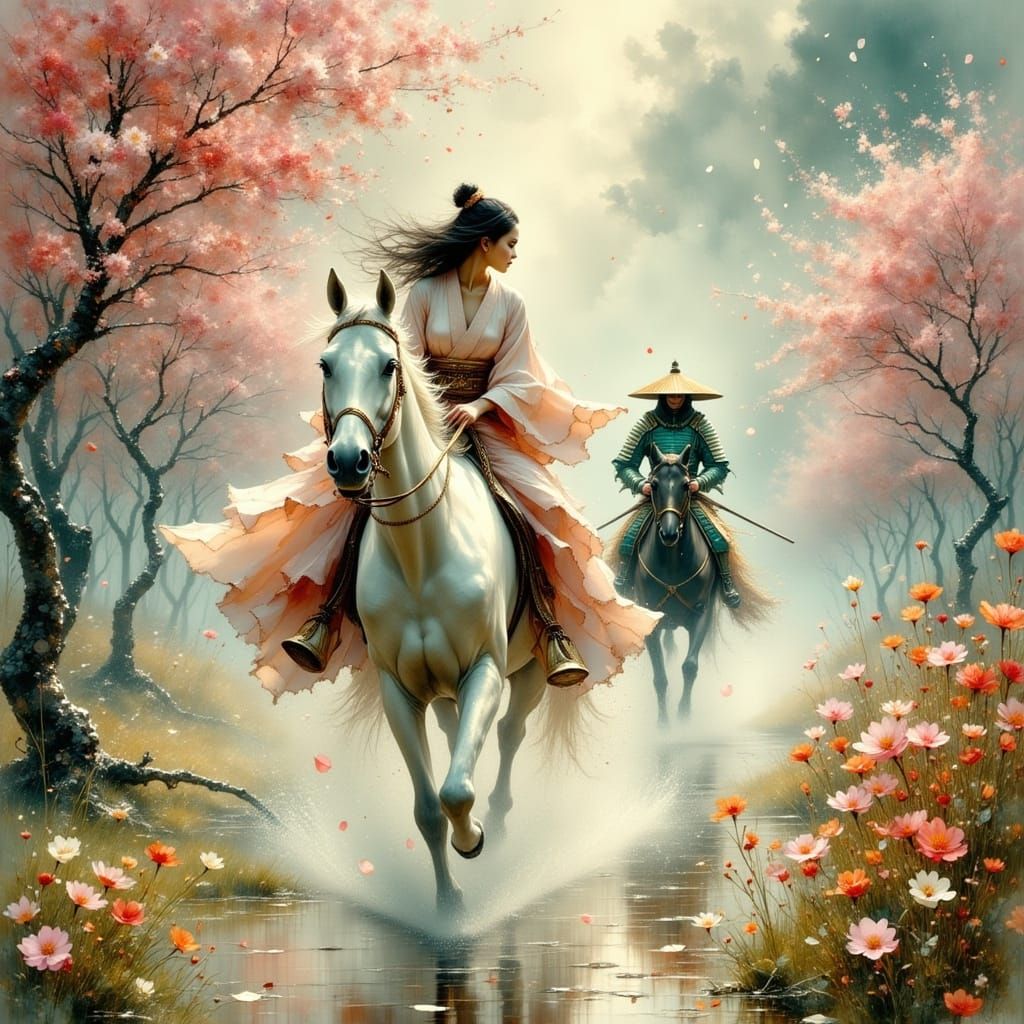 Surreal Japanese Garden Chase with Ethereal Beauty