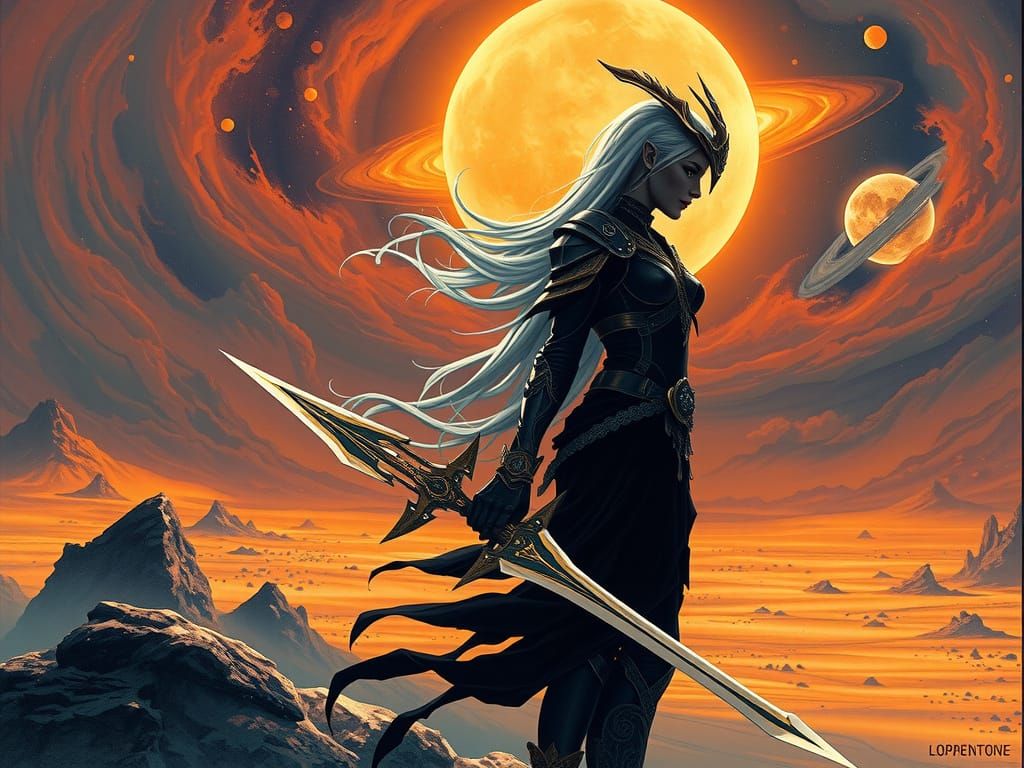 Surreal Drow Warrior Amidst Alien Nebulae in Cyberpunk Style