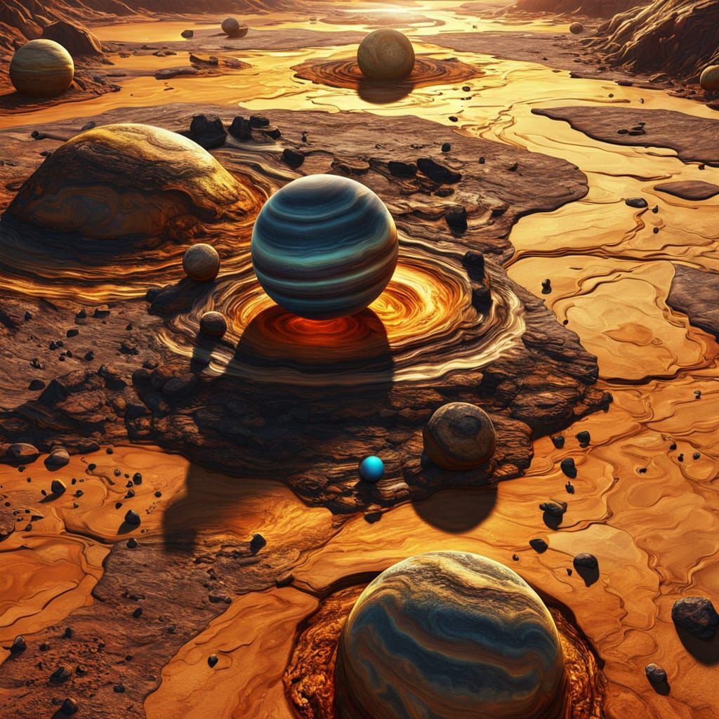 Melting Planets on Sandstone in Hyperrealistic Style