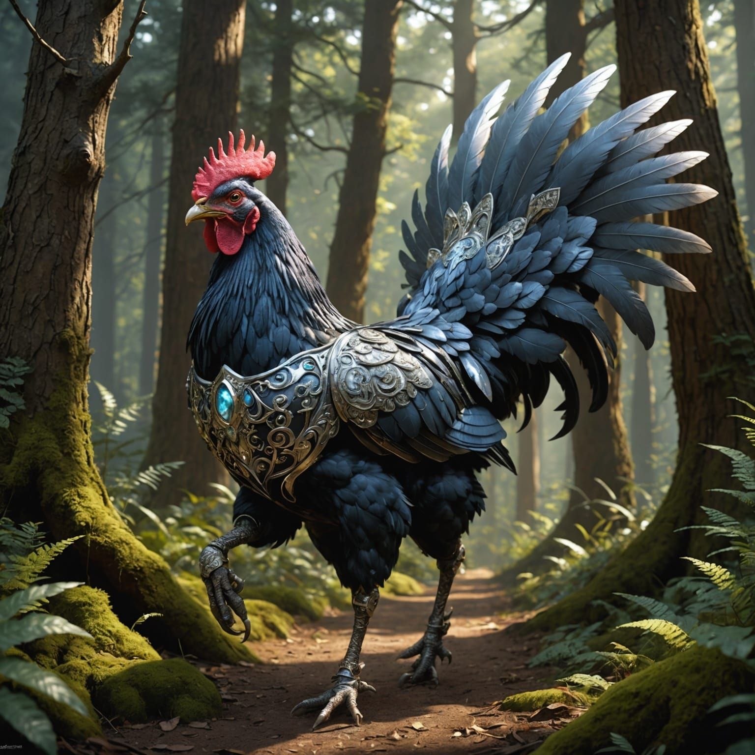 Giant Chicken and Fairy Rider in Dark Forest