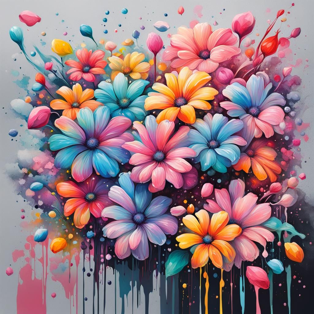 Polychromatic Pastel Flowers in Graffiti Art Style